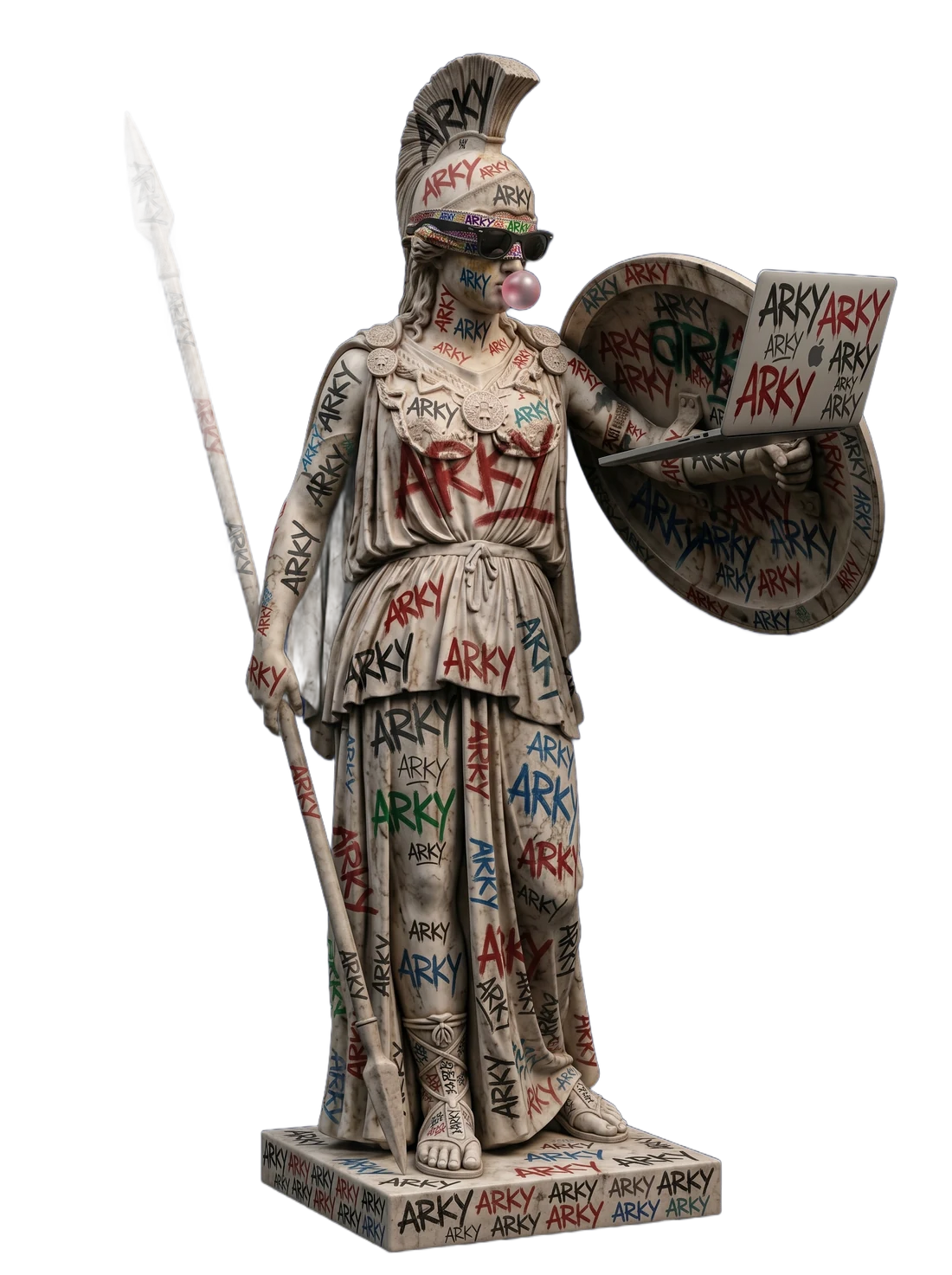 Floating arky marble guardian with a laptop and graffiti